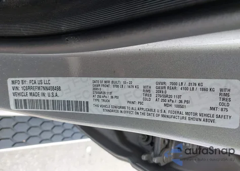 2022 Ram 1500 Big Horn 4X2 5'7 Box z USA, uszkodzony, nr VIN 1C6RREFM7NN408498